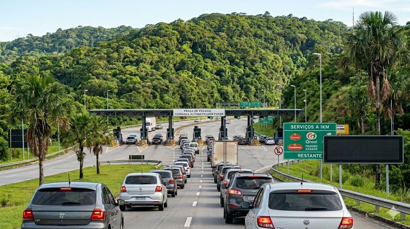 Praça de pedágio em rodovia federal cortada por mata densa, com fila de veículos aguardando passagem nas cabines de cobrança automática.